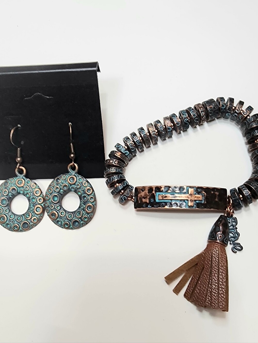 Rustic Copper & Patina  Cross Charm Bracelet Set with Tassel (Brave)